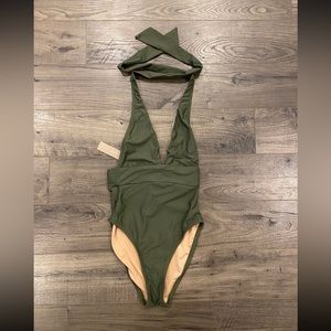 NWT J. Crew olive green one-piece halter tie swimsuit, Size 0.
